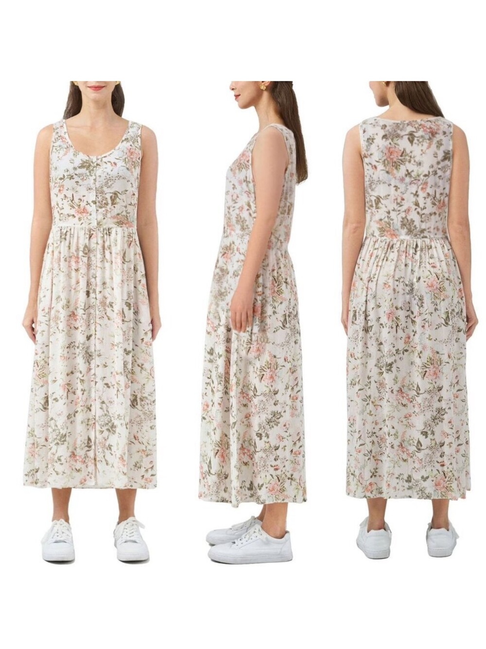 Frye Gauzy White Floral Button Front Sleeveless Midi Sun Dress, Women's XXL